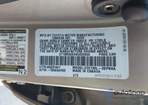 2004 Toyota Corolla Le из США, поврежденный, VIN 2T1BR32E44C235635